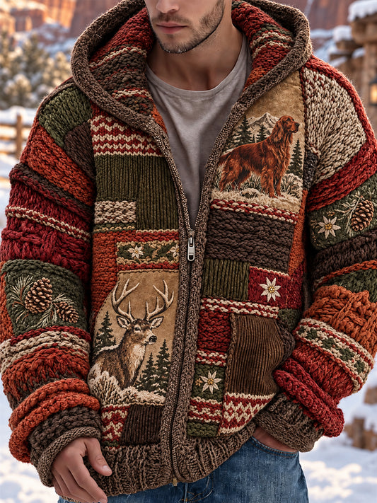 Retro Nordic Western Animal Art Graphic Zip-Up Sweater Jacket Casual Bekvämt