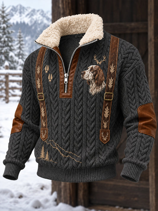 Vintagevetskstil herrjacka med jaktmotiv, avslappnad modell med ståkrage och krage i konstgjort päls
