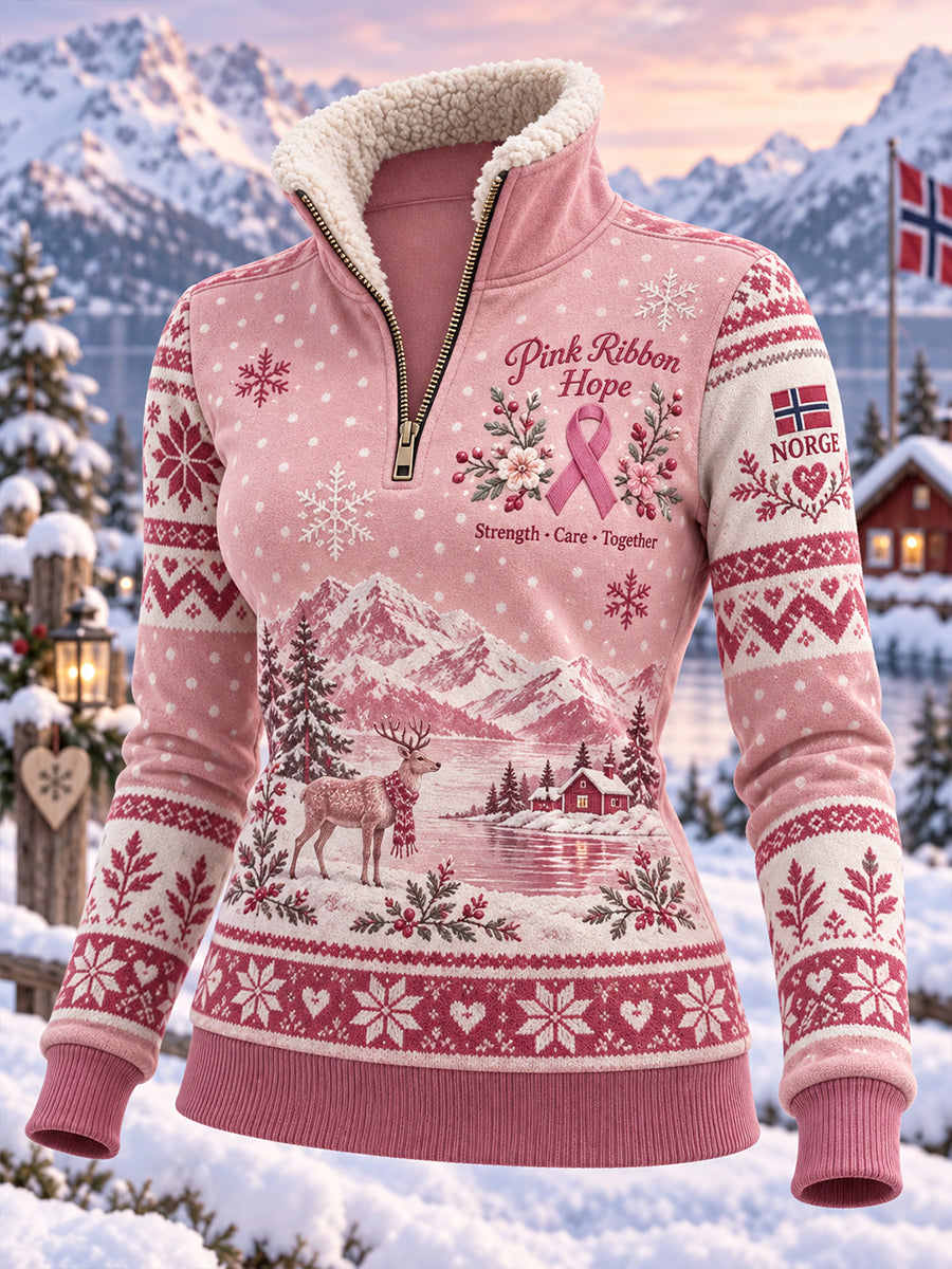 T-shirt med grafiskt tryck för bröstcancermedvetande, mockhals och långa ärmarna