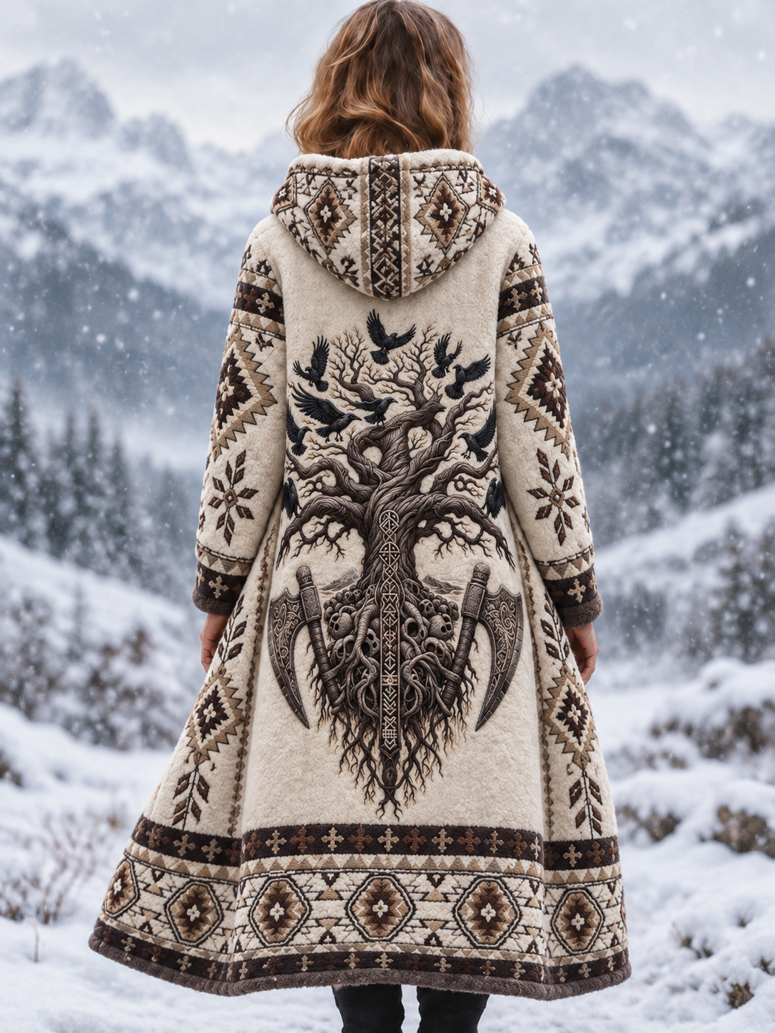 Kvinnors Vintage Nordic Viking träd livet & Raven Aztec tjock Flannel Jacka