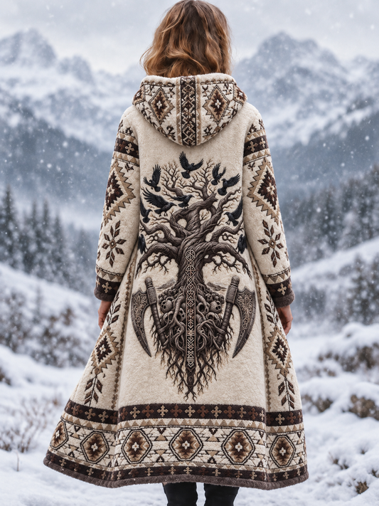 Kvinnors Vintage Nordic Viking träd livet & Raven Aztec tjock Flannel Jacka