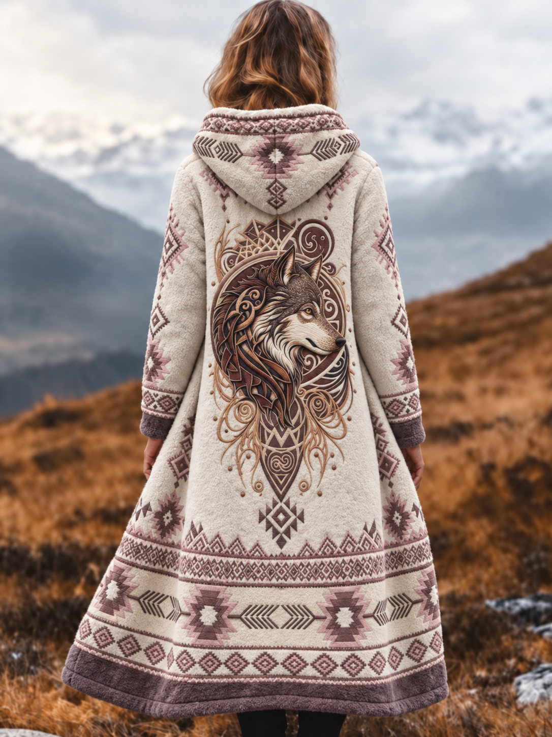 Dams Vintage Viking Varghuvud Aztekisk Tjock Flanelljacka