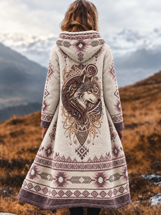 Dams Vintage Viking Varghuvud Aztekisk Tjock Flanelljacka