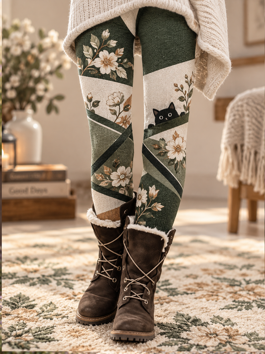 Damer Höst/Vinter Blommigt Konstmönster Tryckta Velvet-Leggings