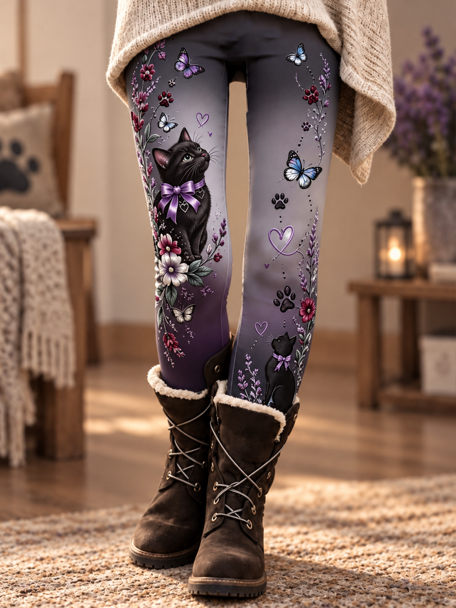 Damleggings i sammet med kattmotiv, höst/vinterkollektion