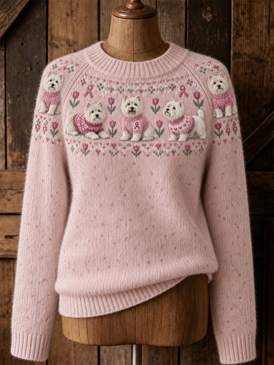 Kvinnors hund mönster och rosa välgörenhetsband Design Casual Raglan ärm tröjar
