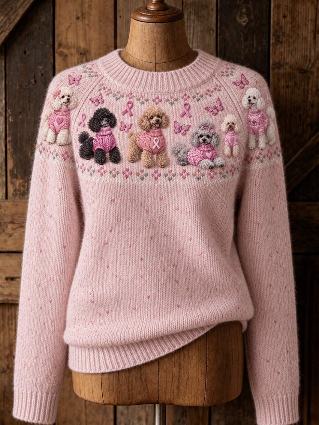 Damtröja med hundmönster och rosa välgörenhetsband, avslappnad modell med raglanärmar