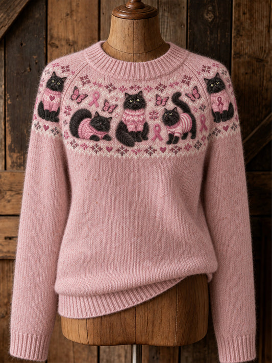 Kvinnors katt mönster och rosa välgörenhetsband Design Casual Raglan ärm tröjar