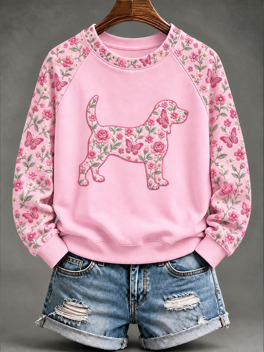 Kvinnors bröstcancer Beagle Floral Print Casual Sweatshirt