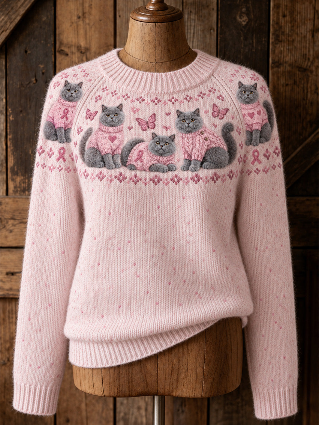 Damtröja med kattmönster och rosa välgörenhetsband, avslappnad modell med raglanärmar