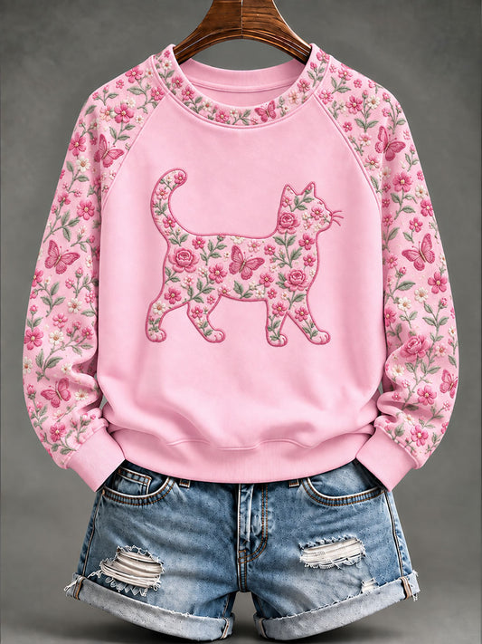 Kvinnor bröstcancer katt blommigt Print Casual Sweatshirt