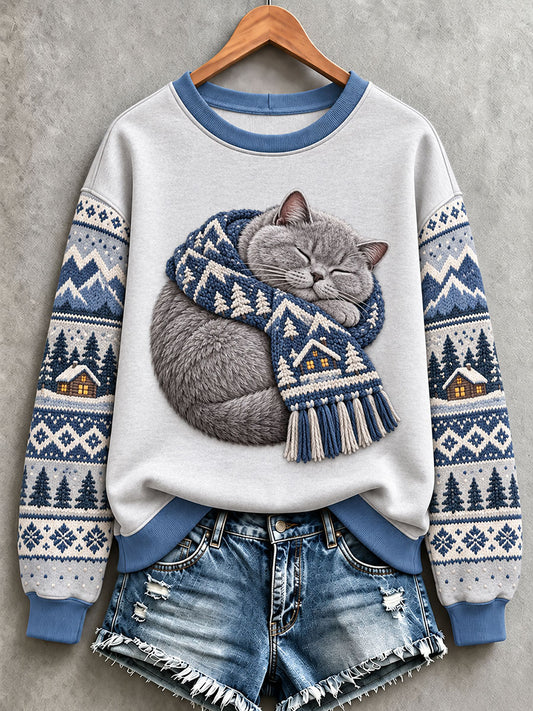 Söt damtröja med kattmotiv, normal passform