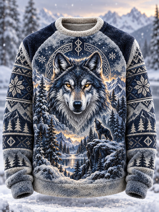 Herrtröja i flanell med nordisk skogs- och djurprint, rund hals och långa ärmarna