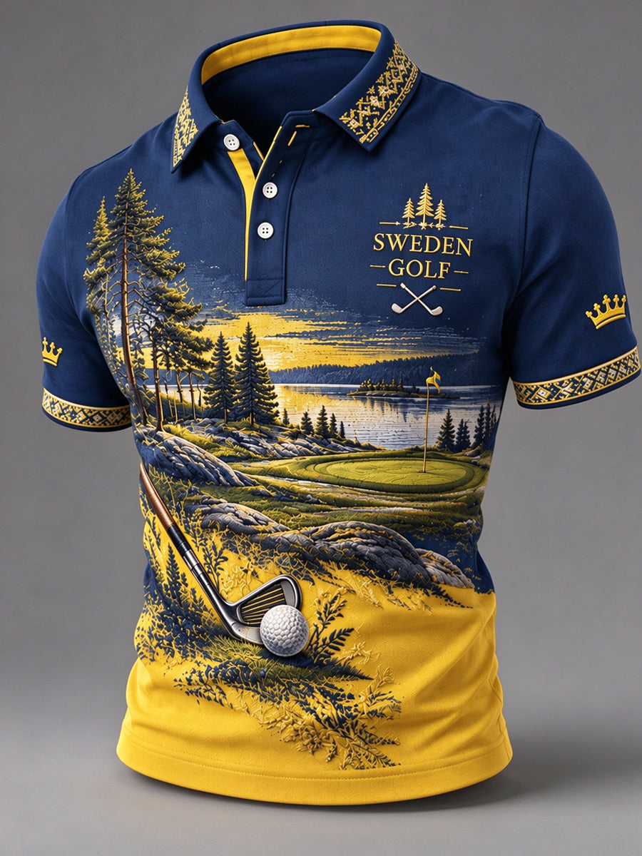 Klassiskt, golfinspirerat herrpolo för arbetsbruk i svensk stil