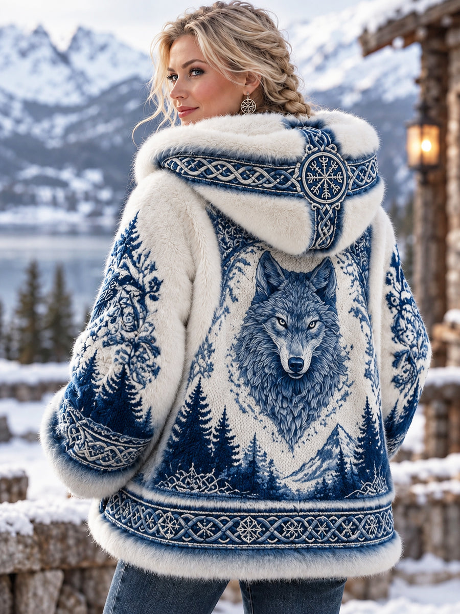 Kvinnor Retro Nordic Viking Wolf Flannel Hooded Jacka
