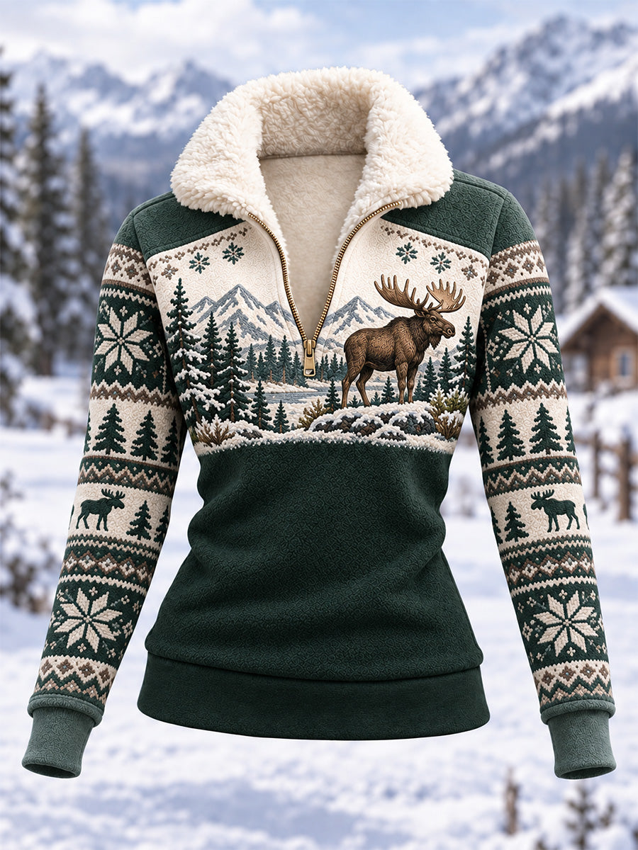 Kvinnors vinter Moose Skriv ut Casual Composite Fleece Hoodie Huda