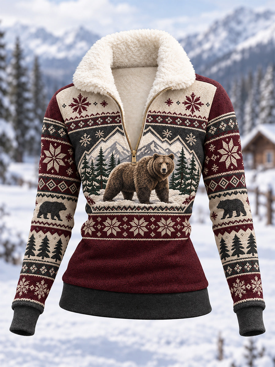 Kvinnlig vinterhuvtröja i kompositfleece med björnmönster, ledig stil