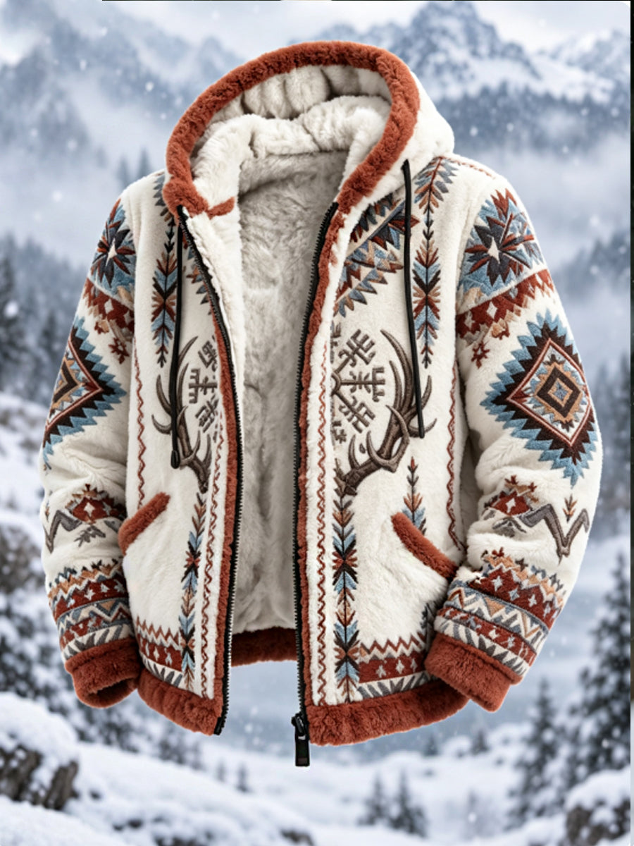 Mans vintageaztekisk flanelljacka med nordisk stil och hjorthuvud