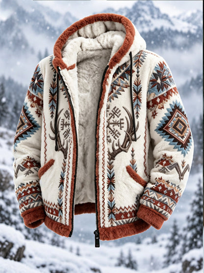 Mans vintageaztekisk flanelljacka med nordisk stil och hjorthuvud