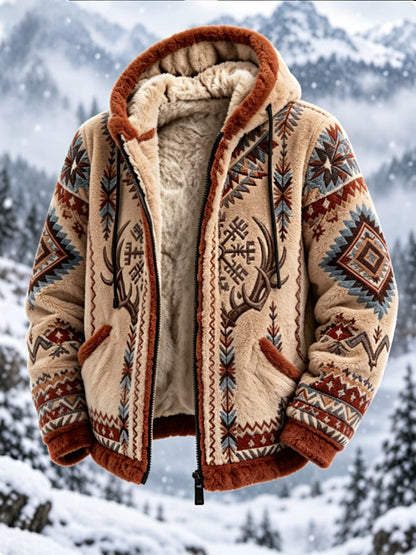 Mans vintageaztekisk flanelljacka med nordisk stil och hjorthuvud