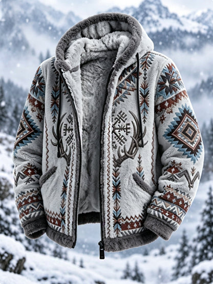 Mans vintageaztekisk flanelljacka med nordisk stil och hjorthuvud