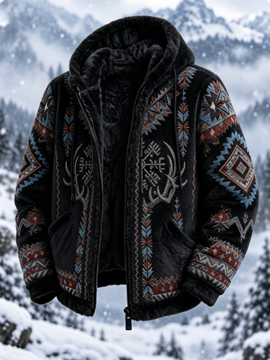 Mans vintageaztekisk flanelljacka med nordisk stil och hjorthuvud