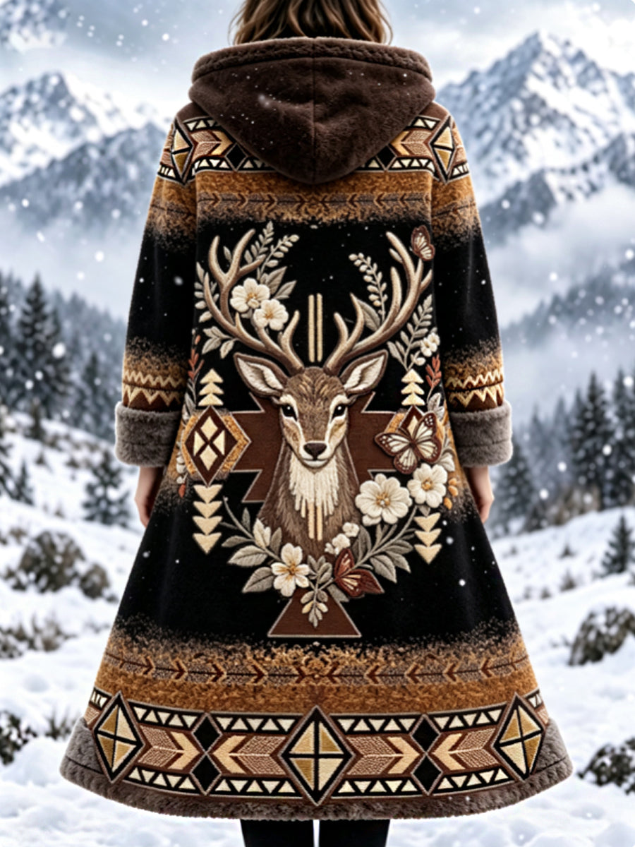 Damjacka i tjock flanell med vintage nordisk aztekisk hjorthuvuddesign