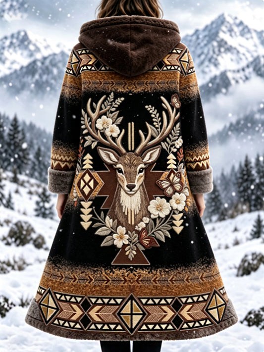 Damjacka i tjock flanell med vintage nordisk aztekisk hjorthuvuddesign