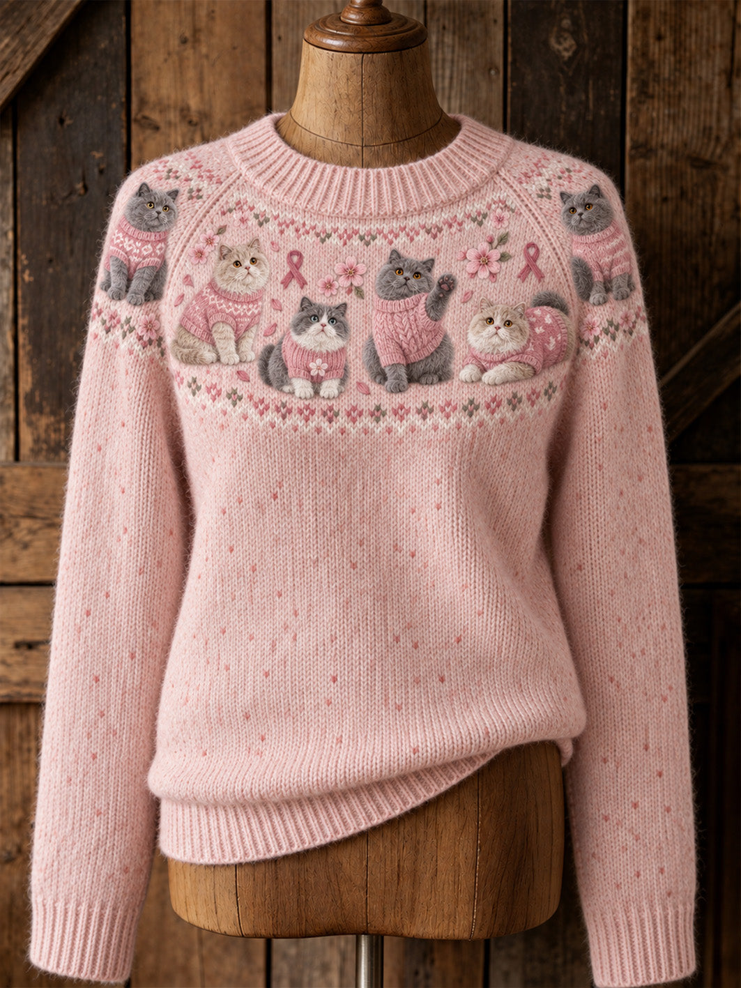 Damtröja med kattmönster och rosa välgörenhetsband, avslappnad modell med raglanärmar