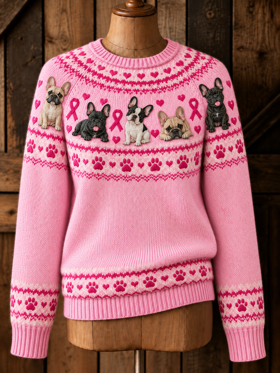 Damtröja med långa ärmar, vintage design, rosa rosett, fransk bulldog och Yoke Isle-mönster