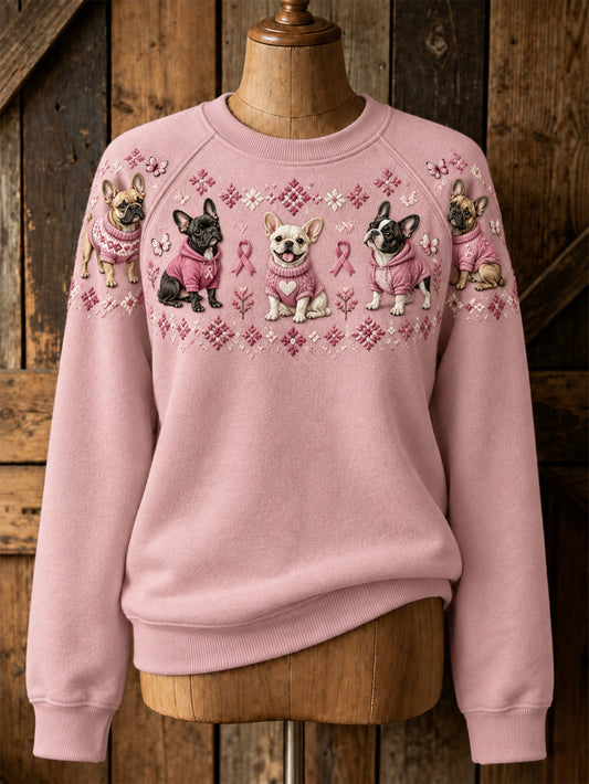 Kvinnors hund mönster och rosa välgörenhet Ribbon Design Casual Raglan Slem Sweatshirt