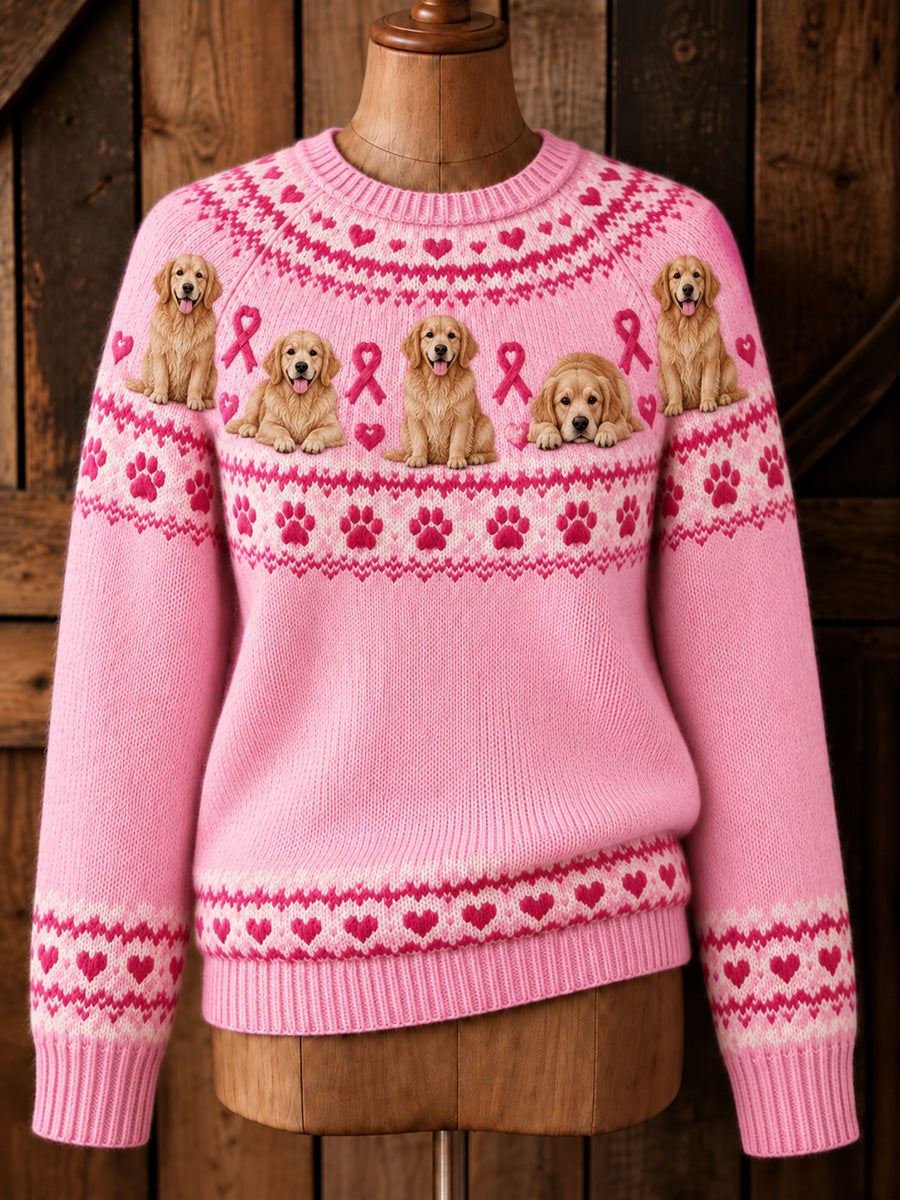 Damtröja med långa ärmar, vintage design, rosa rosett, Golden Retriever-mönster och Yoke Isle-print