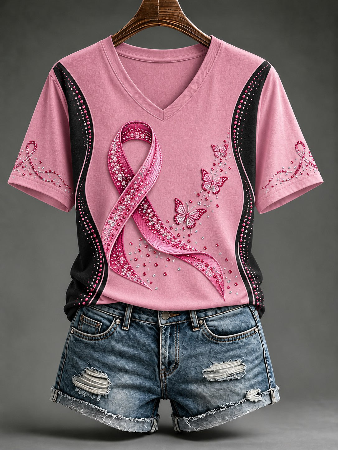 Dammens bröstcancerrosa tryckt t-shirt med V-ringning