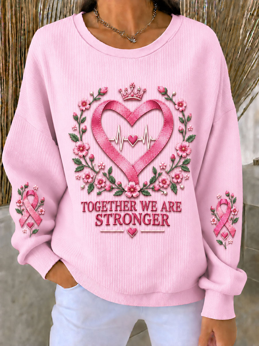 Kvinnors bröstcancer rosa band blomma Ribbed runda hals sweatshirt