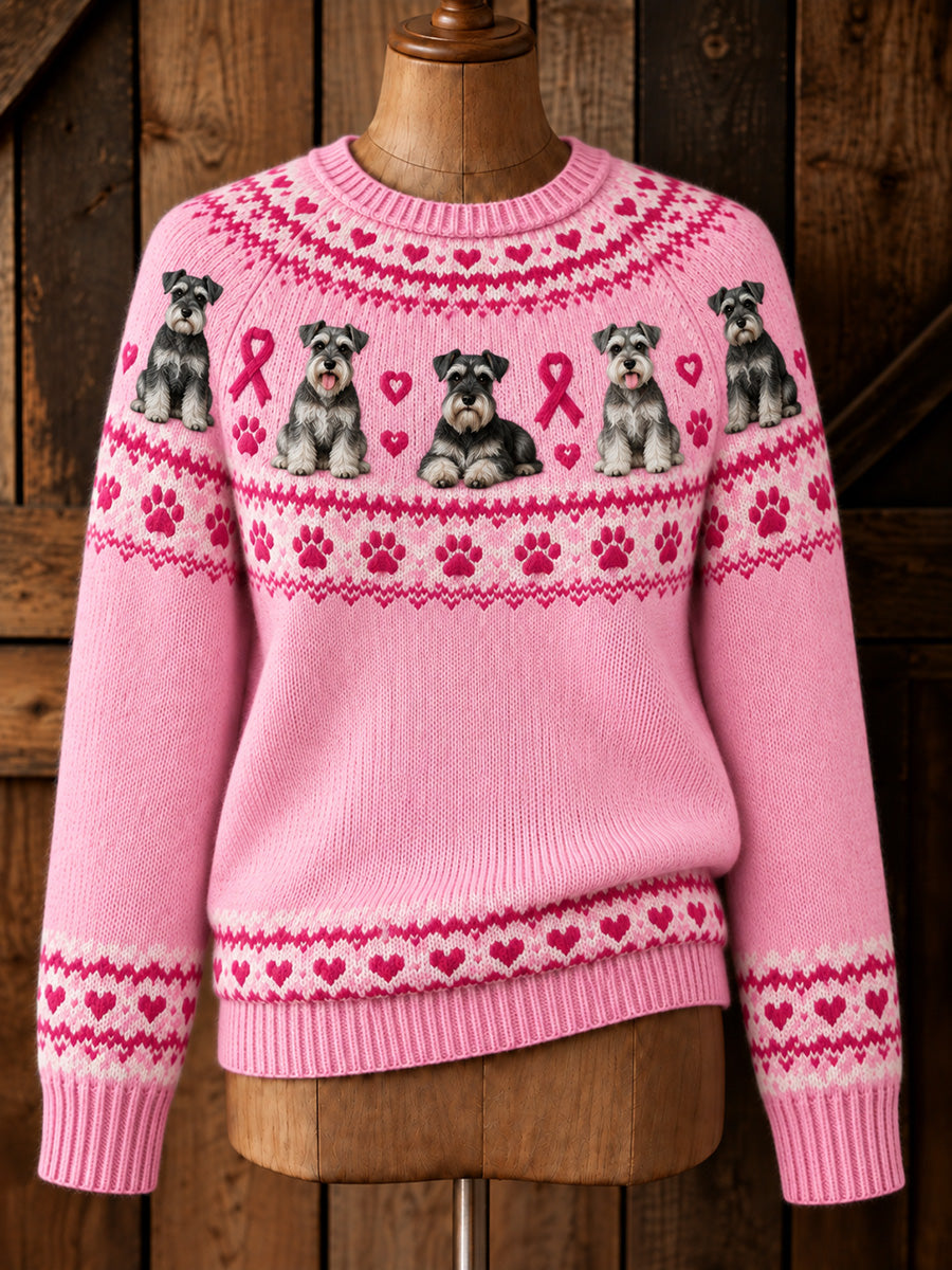 Damtröja med långa ärmar, vintage design, rosa rosett, schnauzer-mönster och Isle-print