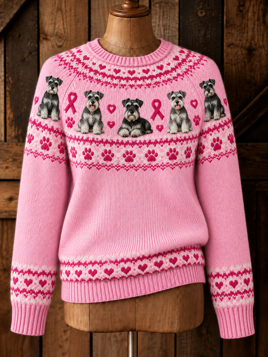 Damtröja med långa ärmar, vintage design, rosa rosett, schnauzer-mönster och Isle-print