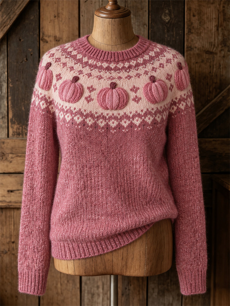 Damtröja med rund halsringning, vintageprydd med rosa pumpor och Yoke Isle-mönster