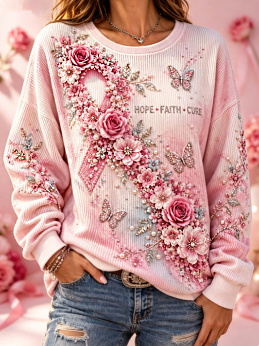 Kvinnlig broderad tröja med blommönster och ribbstickad rundhals – cancermedvetande för bröstcancer