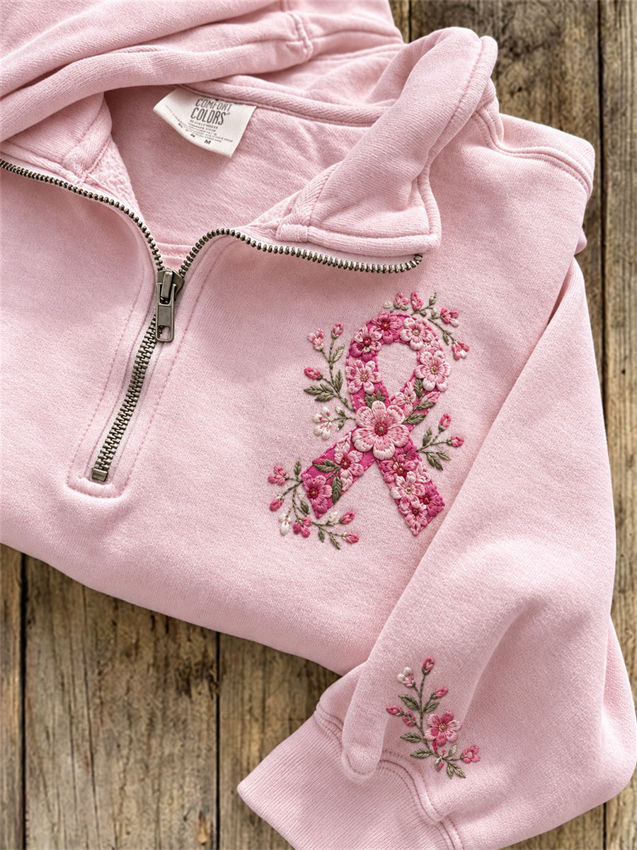 Dammens rosa rosett-mönstrade sweatshirt med dragkedja