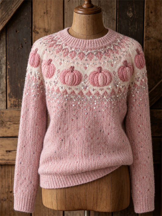 Damtröja med rund halsringning, vintageprydd med rosa pumpor och Yoke Isle-mönster