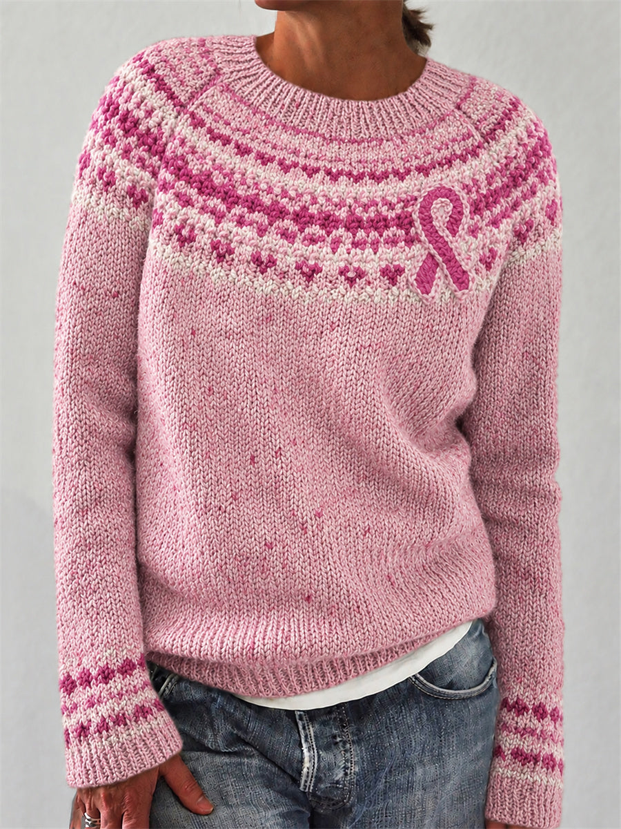 Kvinnors bröstcancer medvetenhet Pink Ribbon Yoke Isle Print besättning hals tröjar