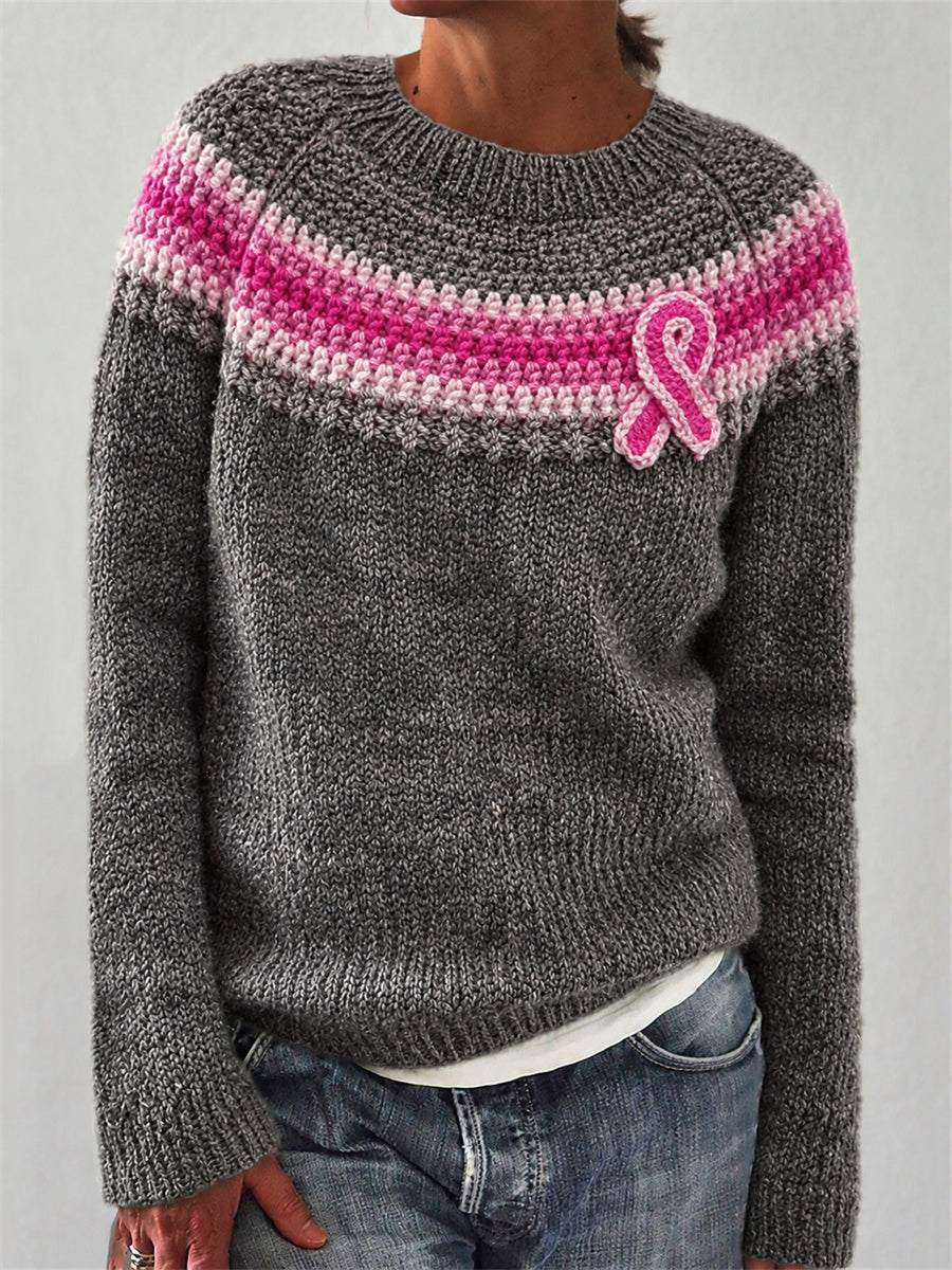 Kvinnlig tröja med rund halsringning, rosa rosett och tryck med Isle-motiv, tillägnad bröstcancermedvetenhet