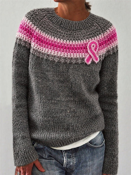 Kvinnlig tröja med rund halsringning, rosa rosett och tryck med Isle-motiv, tillägnad bröstcancermedvetenhet