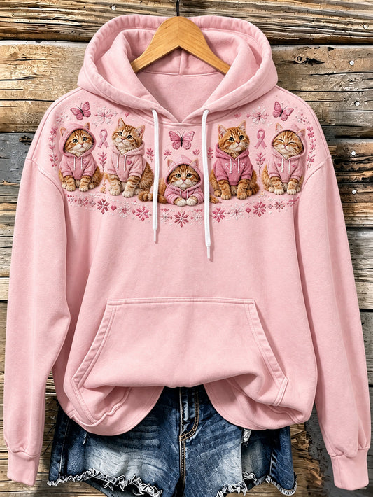 Kvinnlig avslappnad hoodie med kattmönster och design med rosa välgörenhetsband