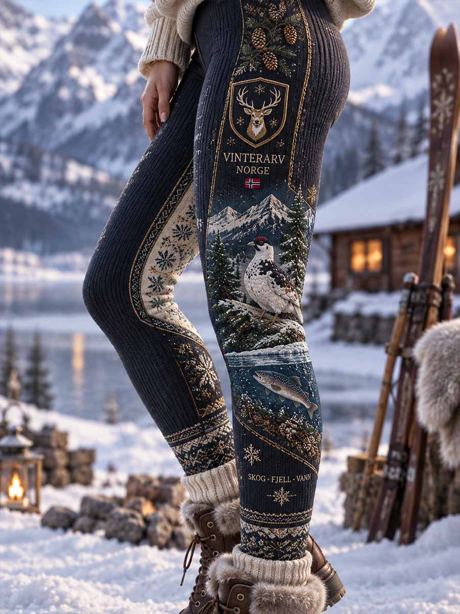 Damleggings med vintagejakt- och utomhusmotiv, tryckt mönster