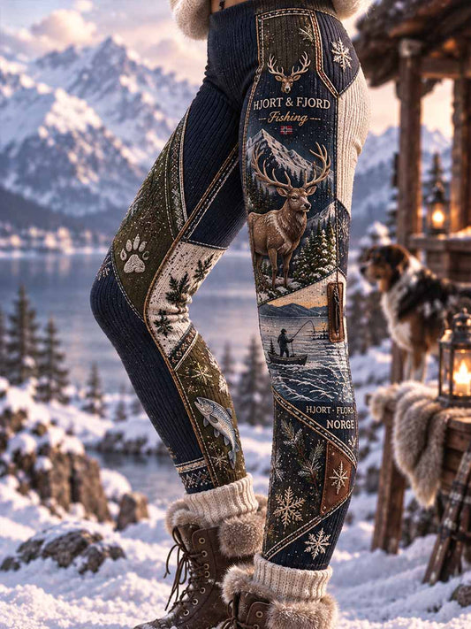 Damleggings med vintagejakt- och utomhusmotiv, tryckt mönster