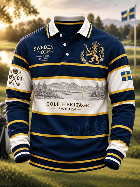 Klassisk golfpolotröja för män med konstnärlig randdesign
