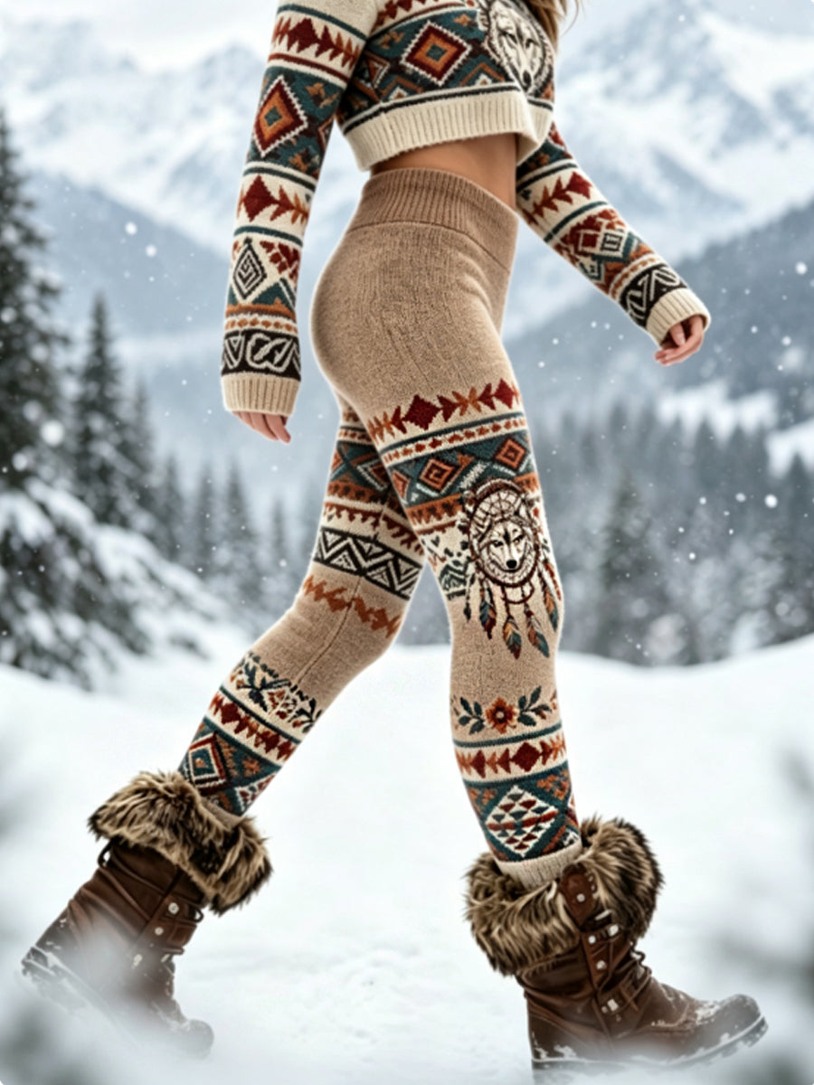 Kvinnors Vintage Viking Wolf Head Aztec tjock sammet Leggings