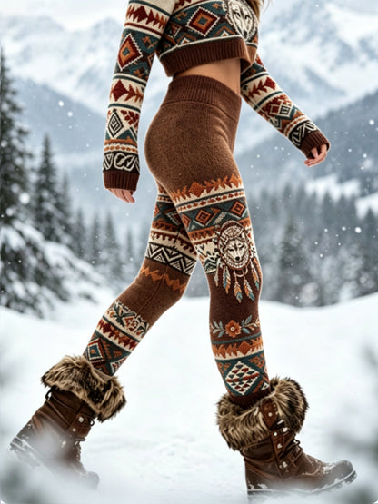 Kvinnors Vintage Viking Wolf Head Aztec tjock sammet Leggings