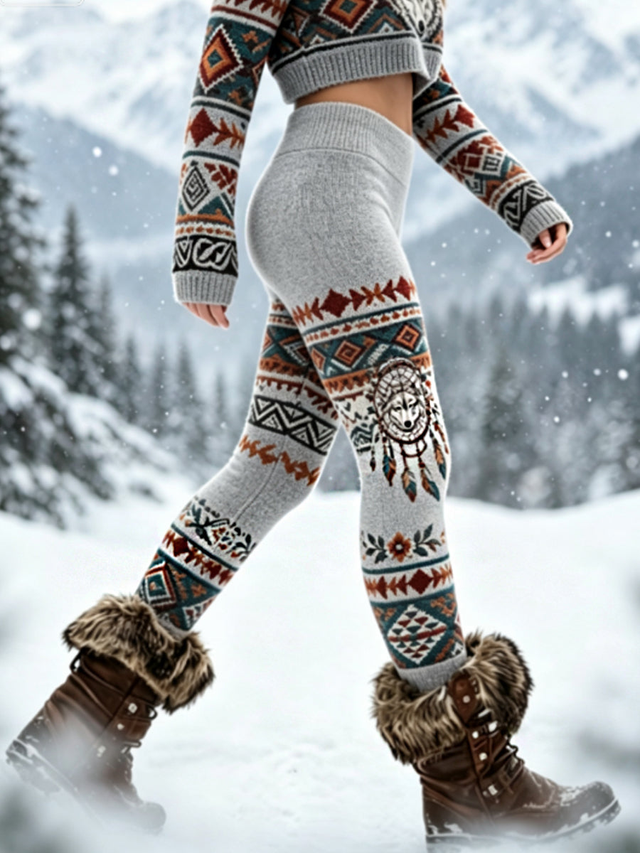 Kvinnors Vintage Viking Wolf Head Aztec tjock sammet Leggings
